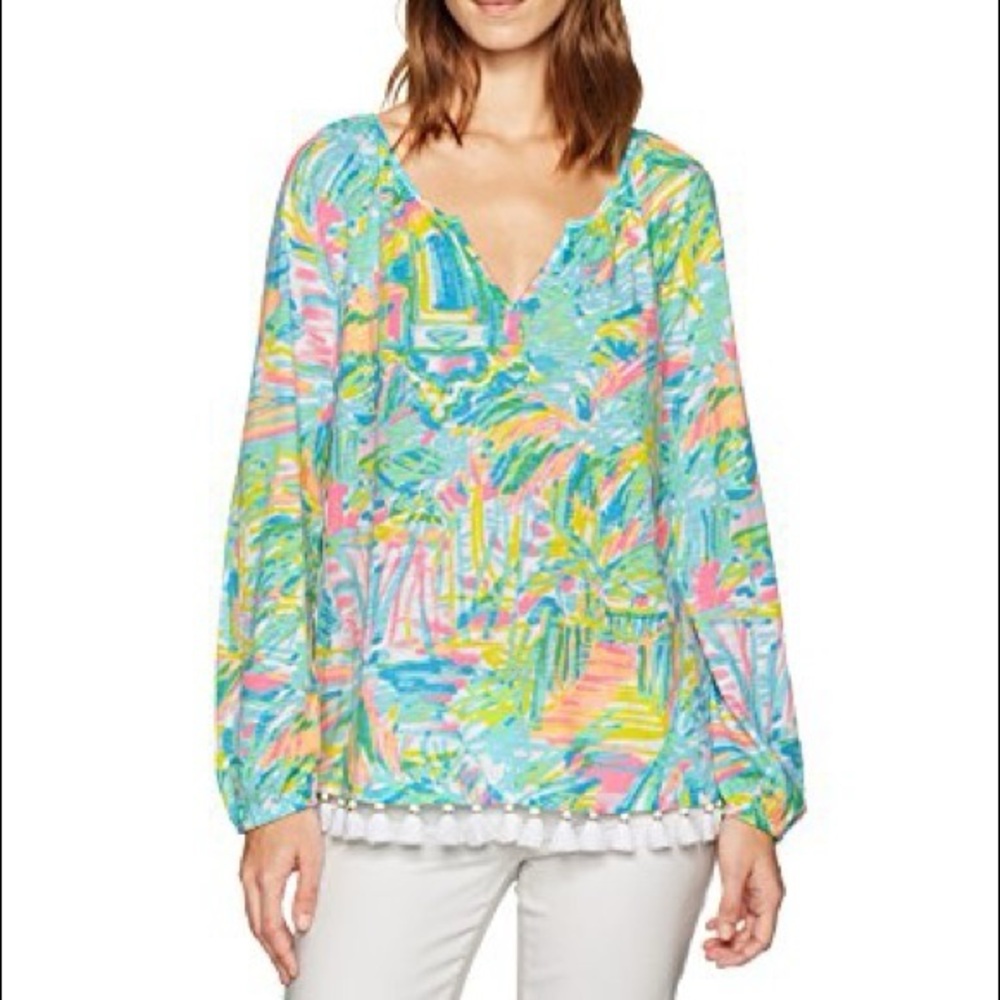 Lilly Pulitzer Colorful Blouse Womens Medium Tassel Trim Cotton Resort Beach